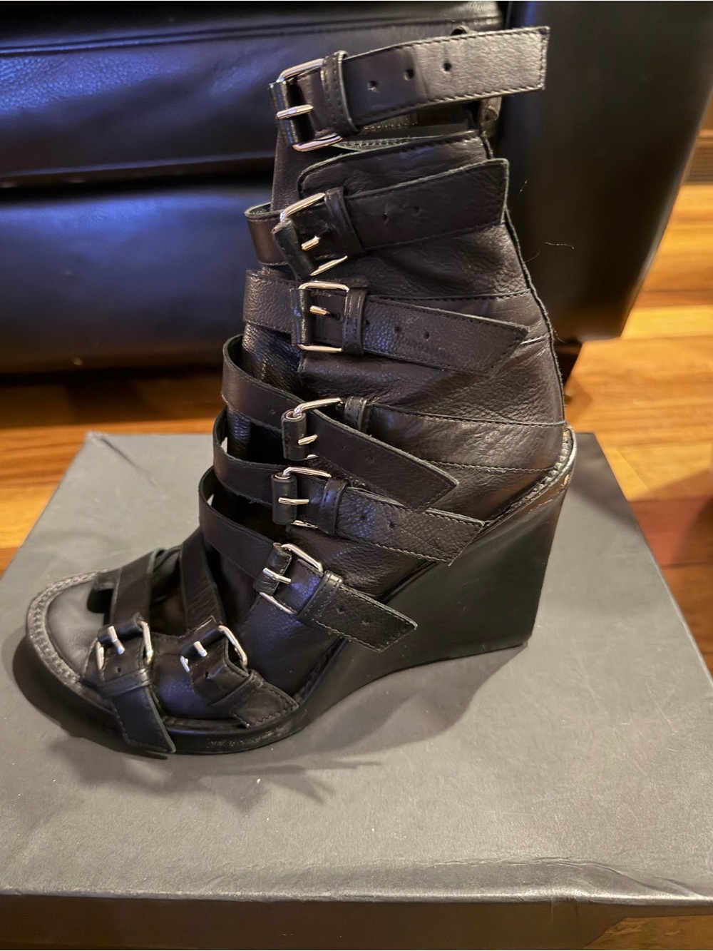 Ann Demeulemeester Black Strappy Leather Peep Toe Boot 37/7 RARE Original design - Picture 7 of 10